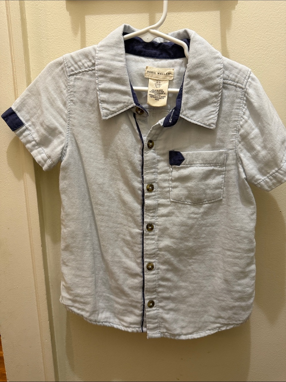 Boys Light Blue Short-Sleeve Button-Down Shirt with Navy Trim